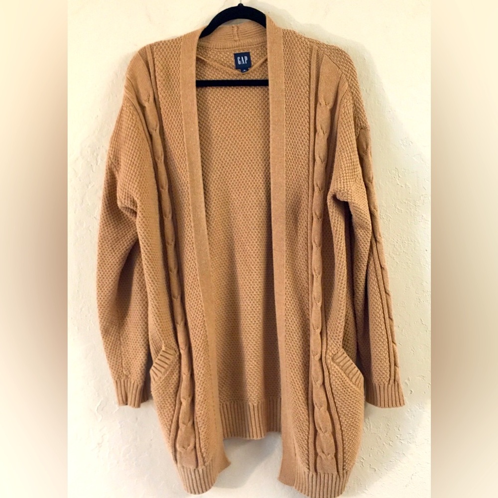 Gap 100% Cotton Oversized Cable Knit Open Cardigan Medium Tan Relaxed Fit Comfy